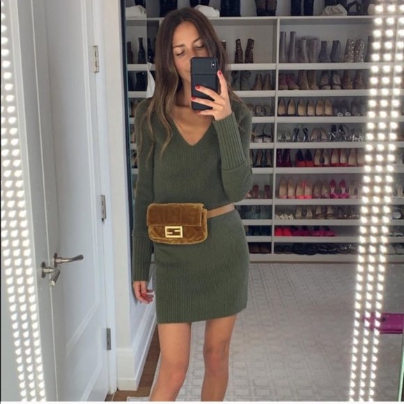 Something Navy Olive Green Fitted Long Sleeve Tunic Ribbed Sweater Dress - S - Picture 2 of 10